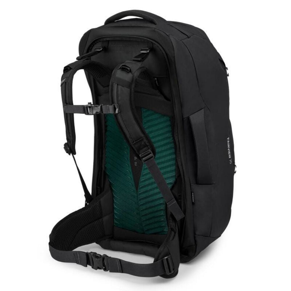 Black backpack with green interior padding on a white background