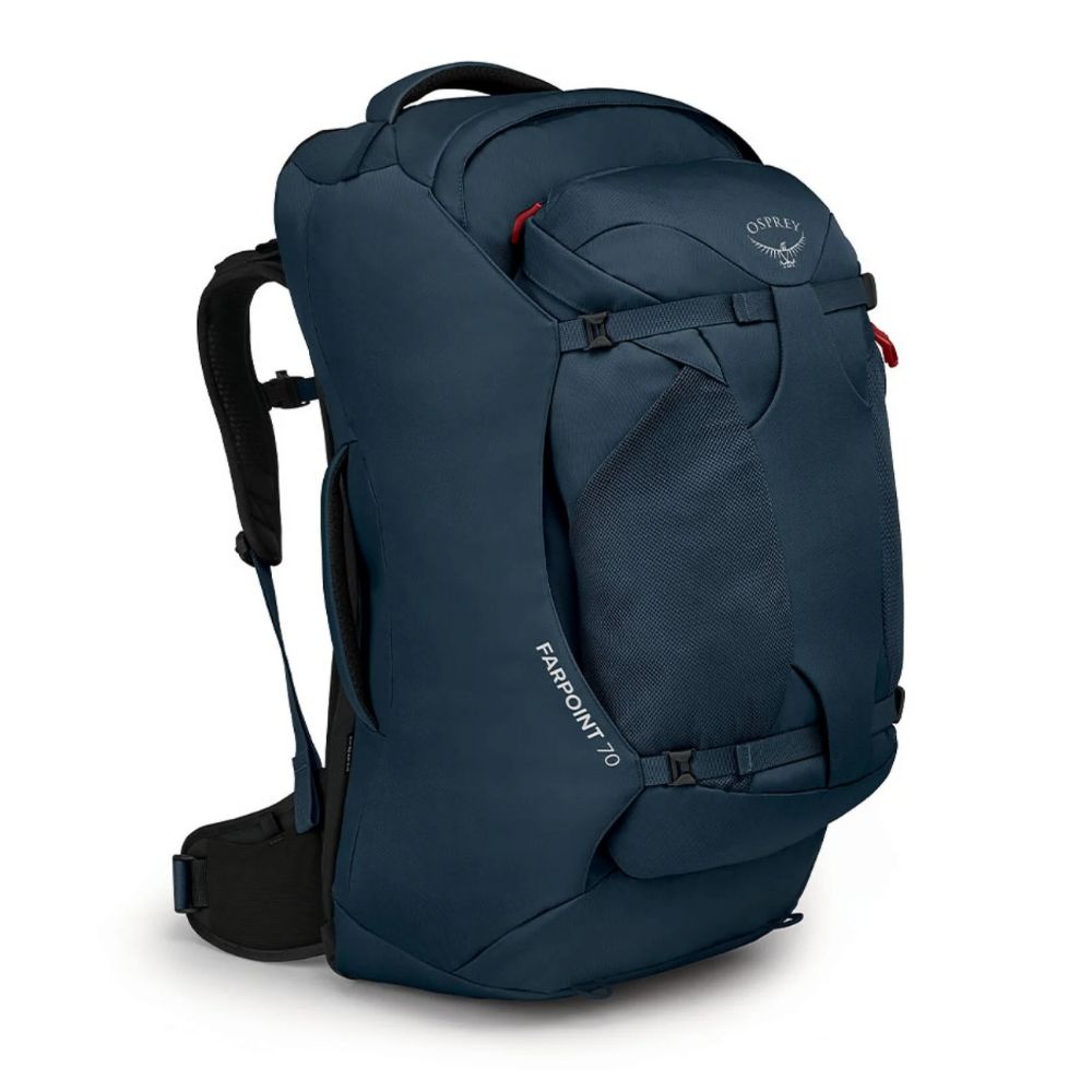 Blue backpack with visible brand logo on a white background
