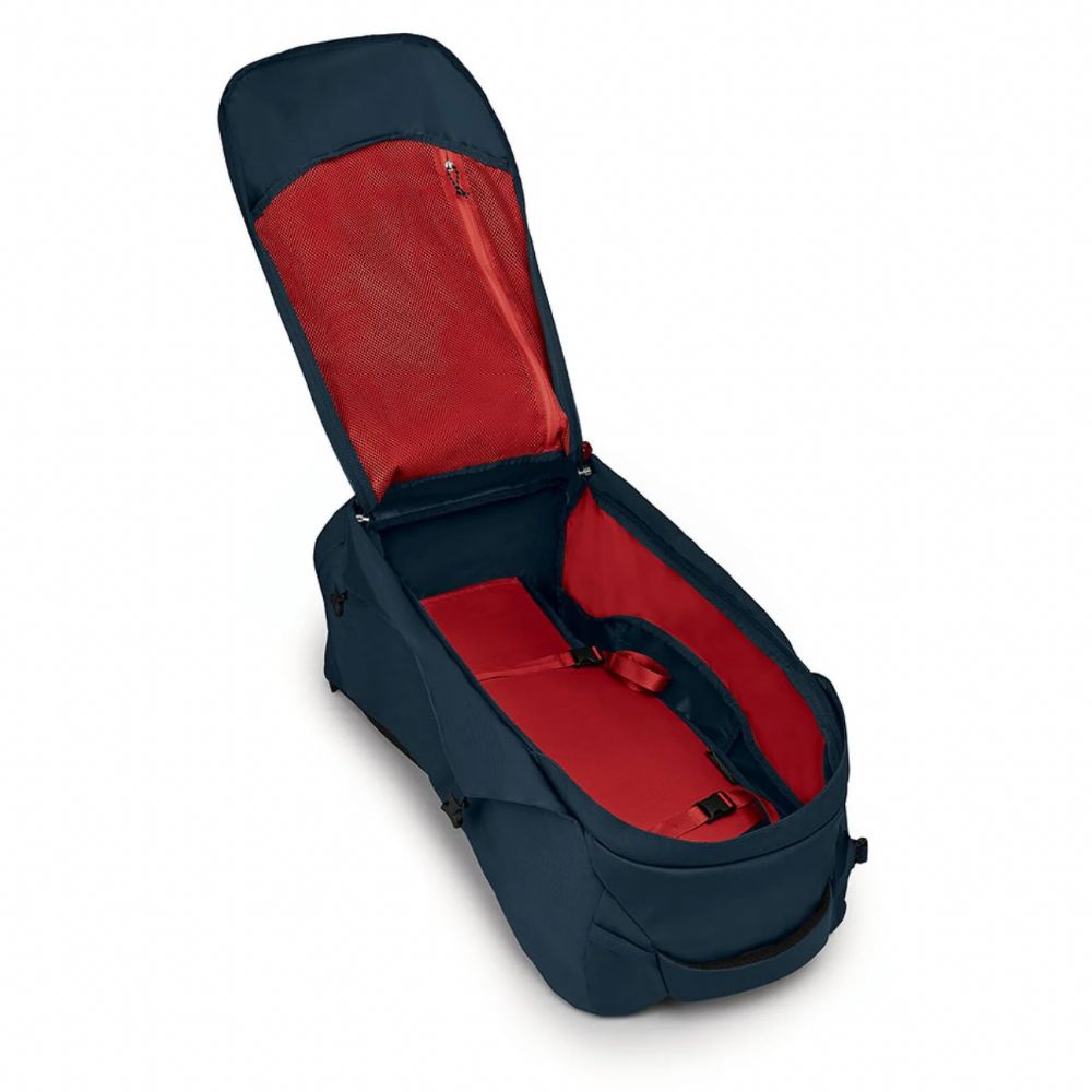 Navy and red backpack on a white background