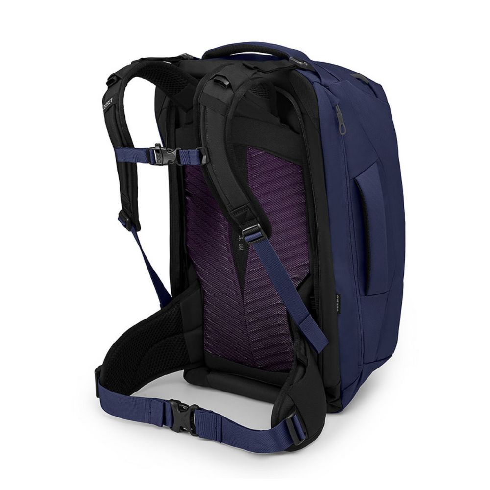 Blue backpack with black straps on a white background