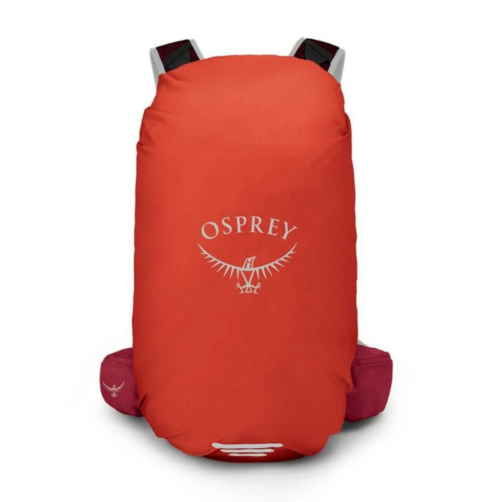 Red Osprey backpack cover on a white background