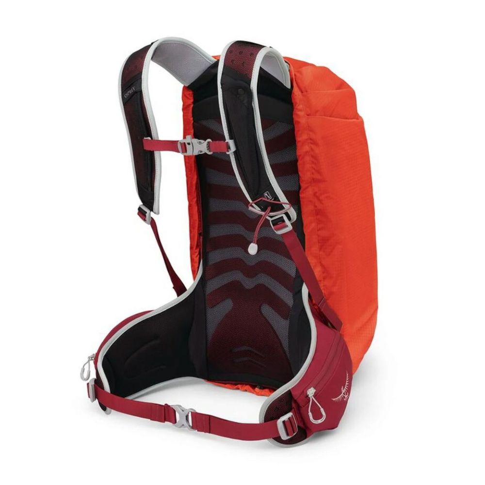 Red and black backpack with visible brand logo on a white background