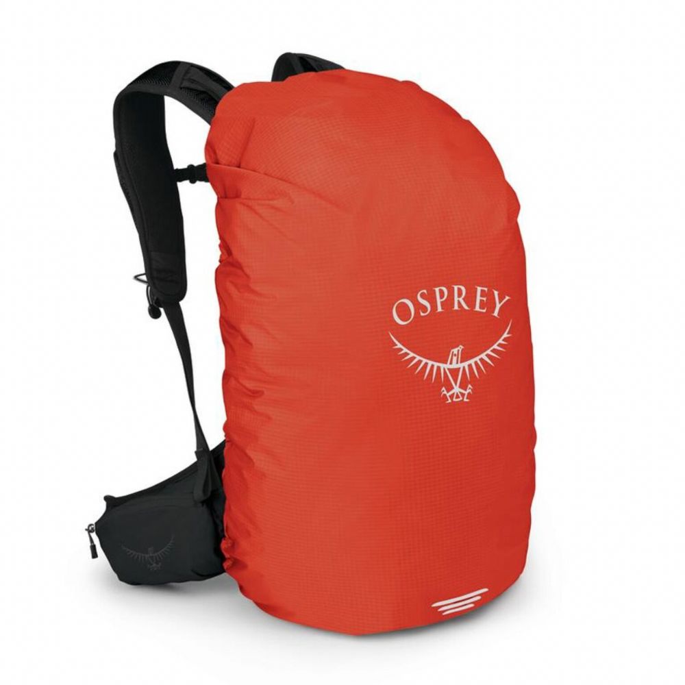 Red Osprey backpack cover on a white background