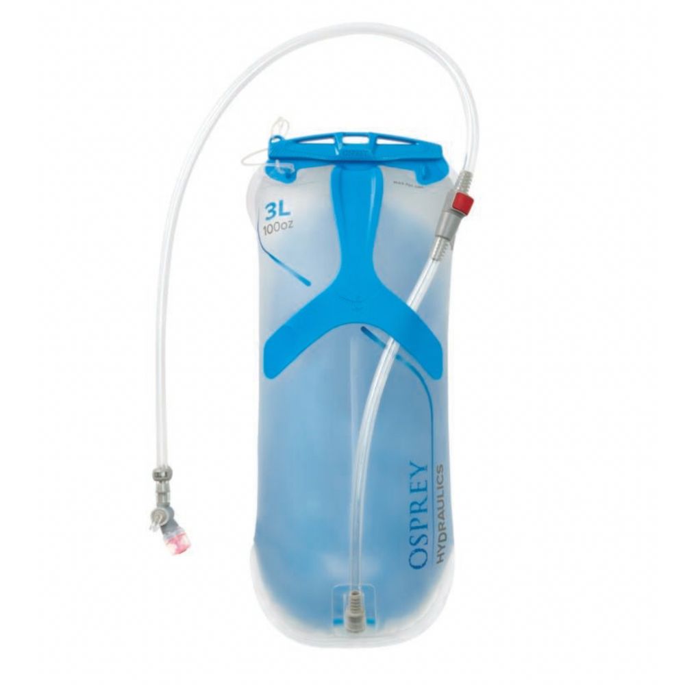 Blue Osprey hydration bladder on a white background