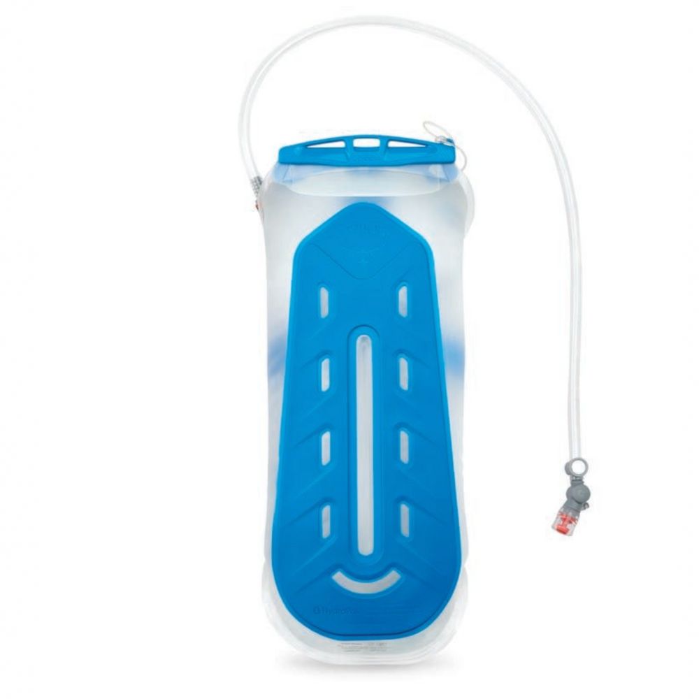 Blue and clear hydration bladder with a white background