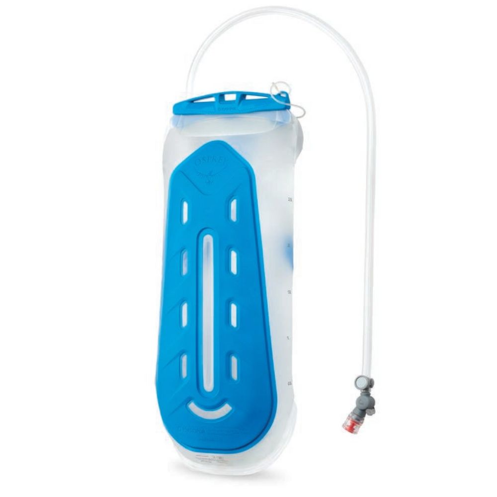 Hydration bladder with blue reservoir on a white background