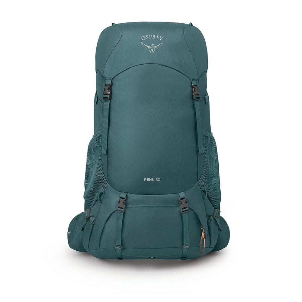 An Osprey RENN 50 hiking backpack in a dark teal green color, shown from the front against a plain white background.