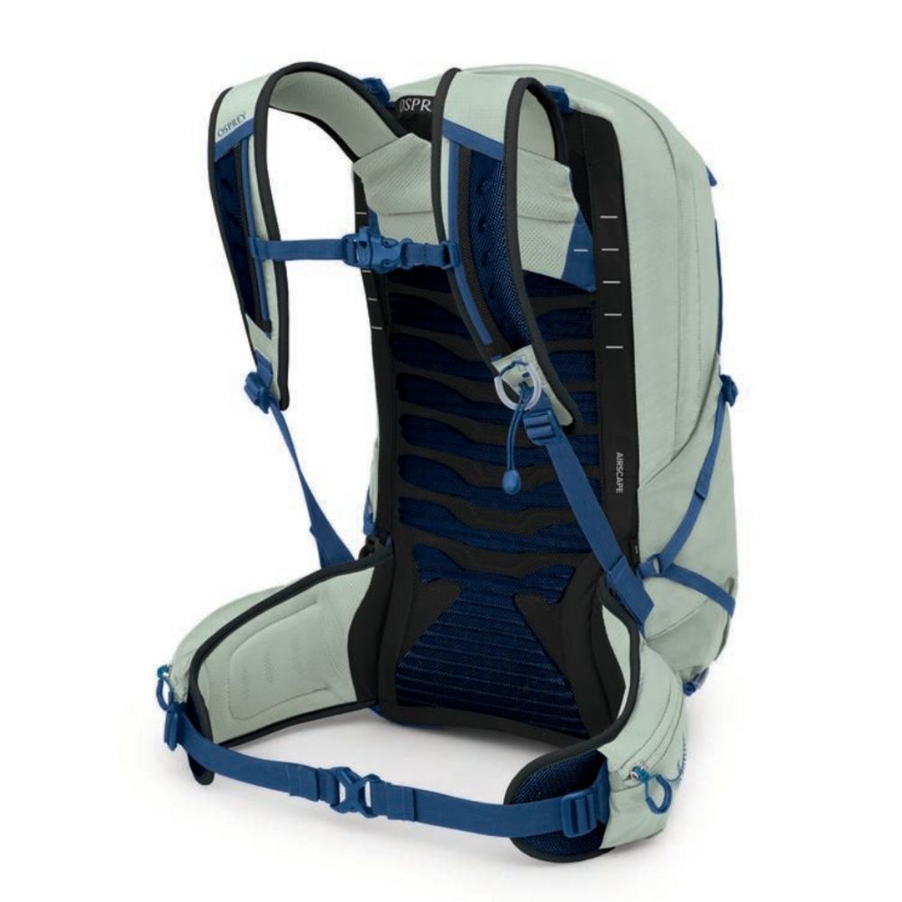 Hydration backpack with blue and gray straps on a white background