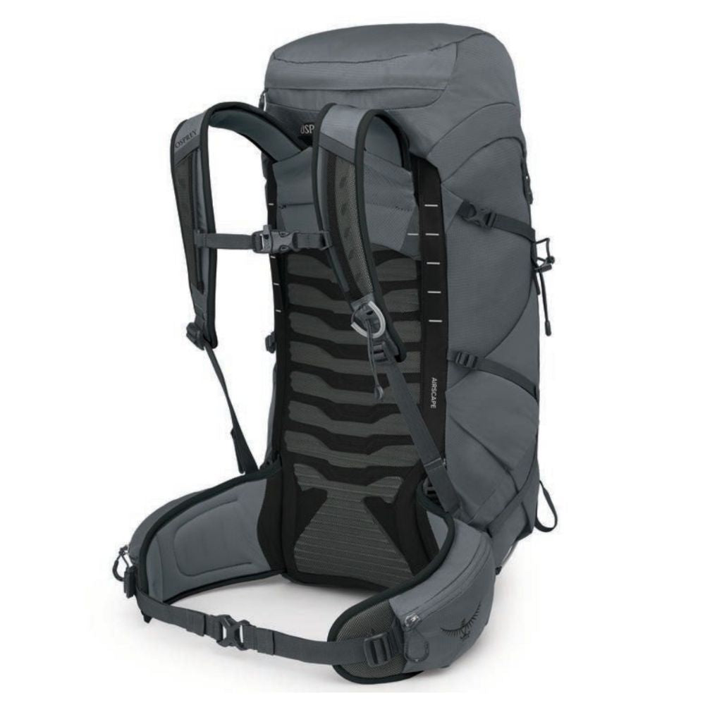 Gray hiking backpack with black straps on a white background
