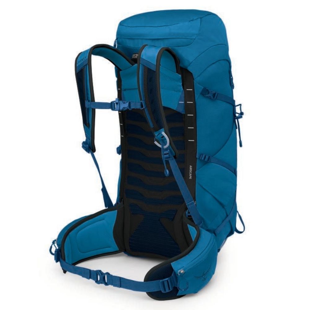 Blue hiking backpack on a white background