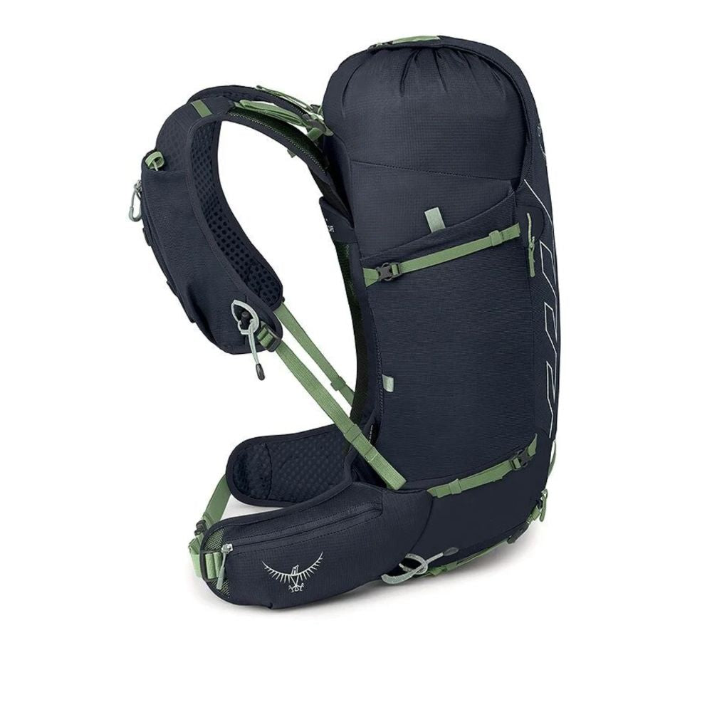 Black and green hiking backpack on a white background