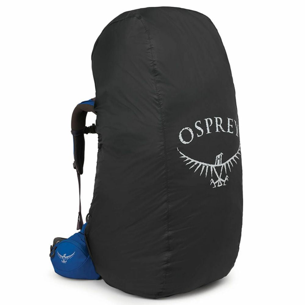 Black backpack cover with Osprey logo on a white background