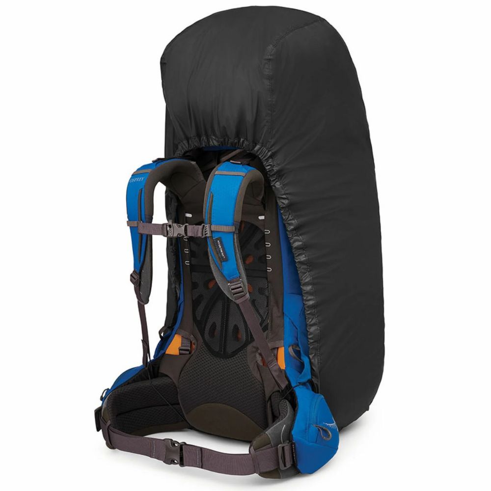 Black backpack cover over a blue and black backpack on a white background