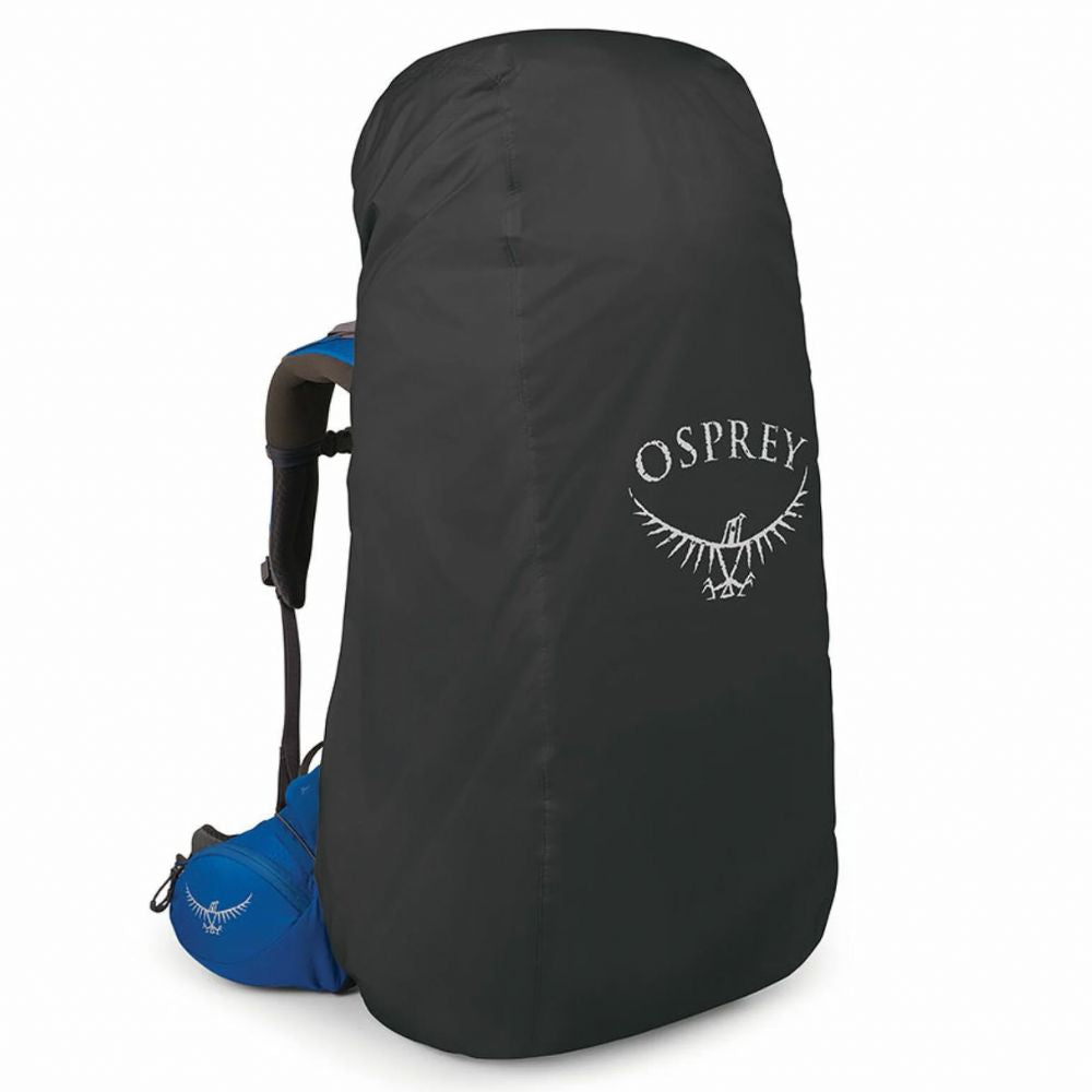 Black Osprey backpack cover on a white background