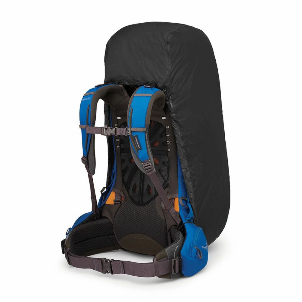 Black and blue backpack with a cover on a white background