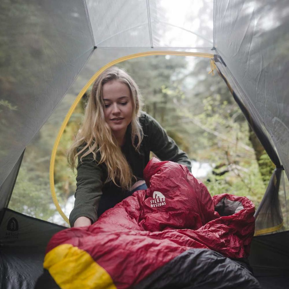 Sierra Designs Cloud 800 20 Degree Down Womens Sleeping Bag inside tent