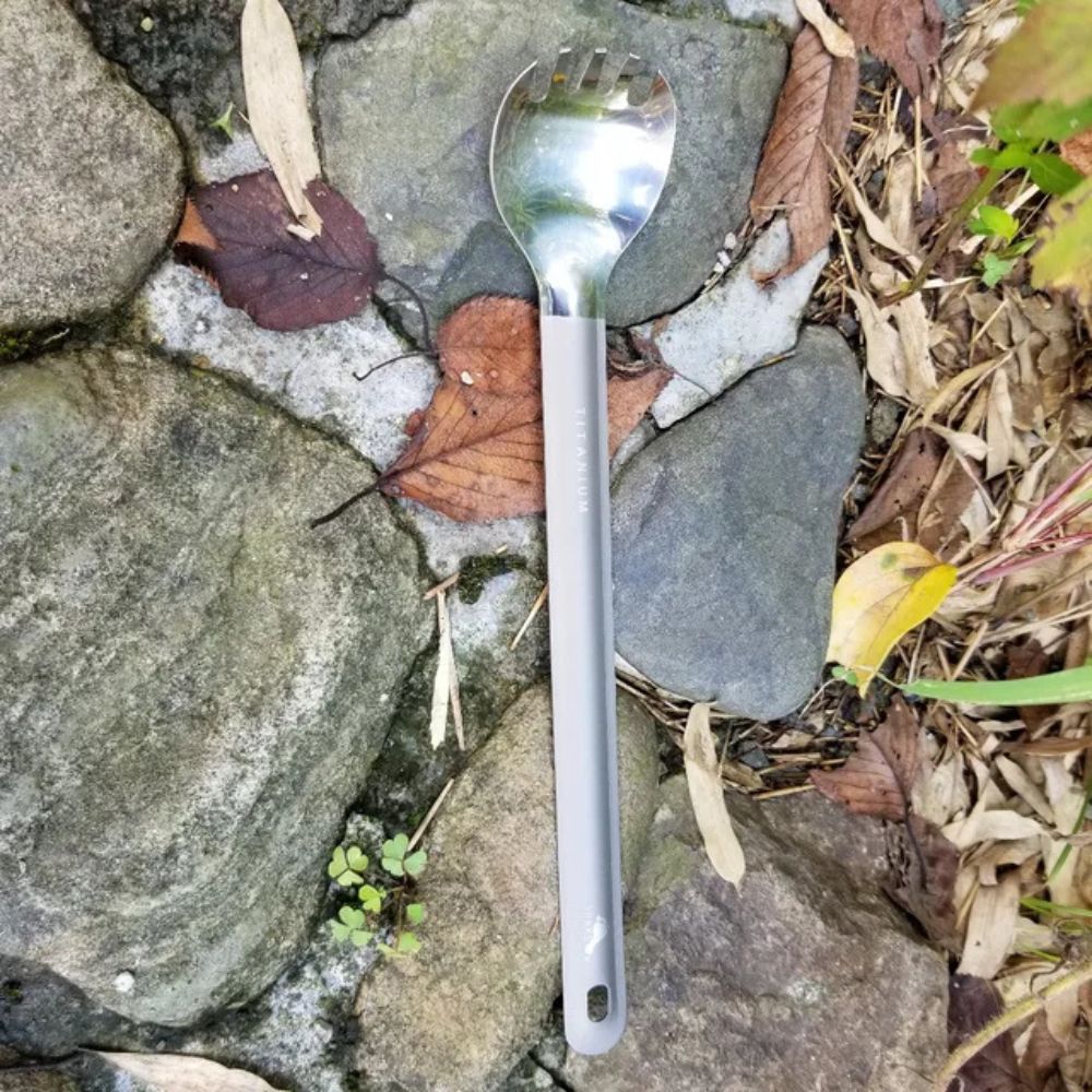 TOAKS Ultralight Titanium Long Handle Spoon/Spork with Polished Bowl (215mm) out in the field