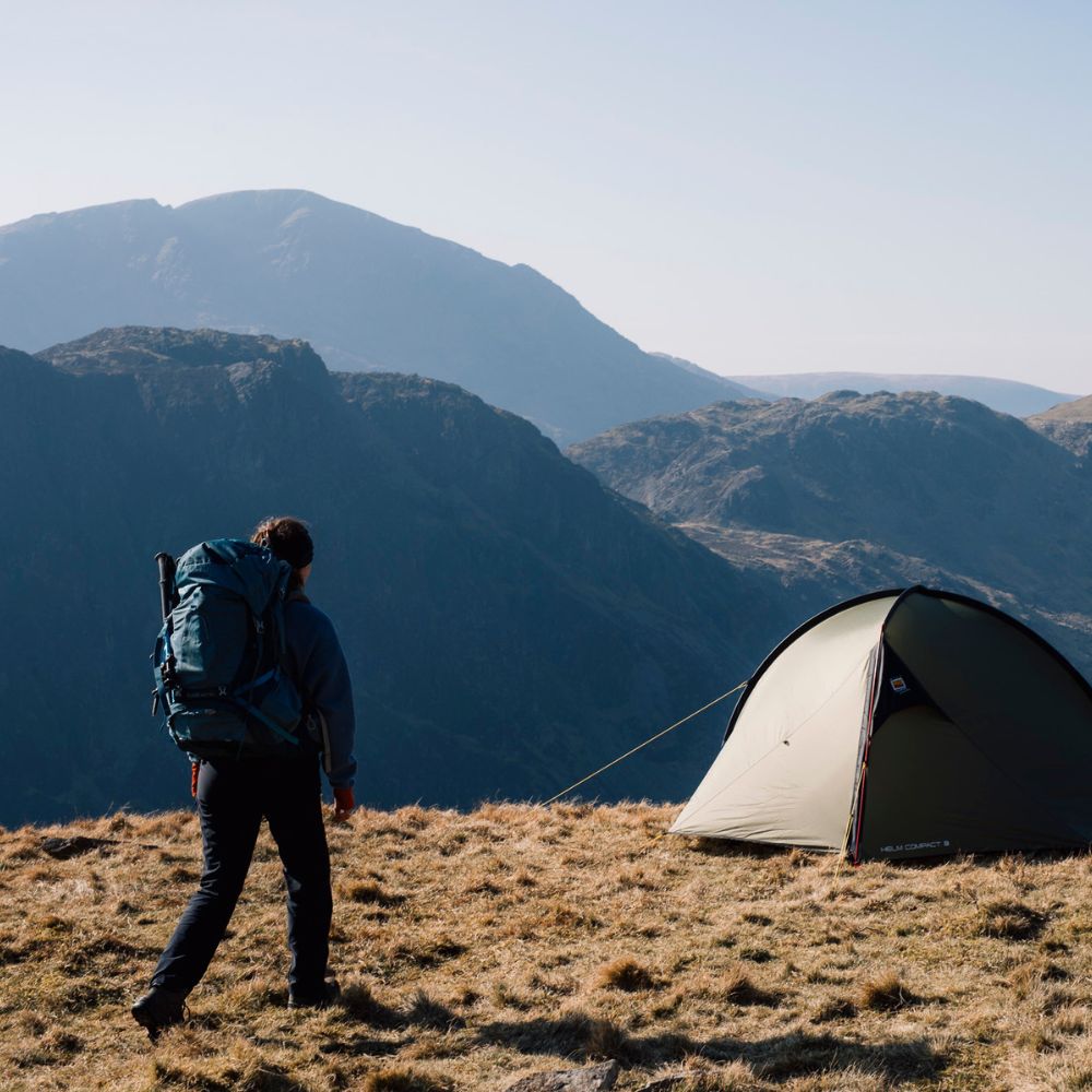 Wild Country Helm Compact 3 Tent with mountains in background