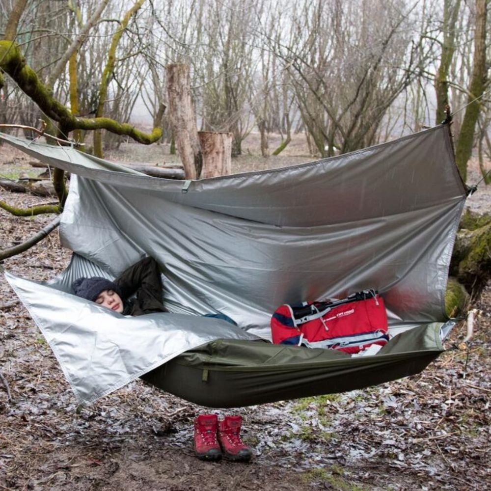 Bushmen 2×3m Thermo Tarp (Olive) used as hammock