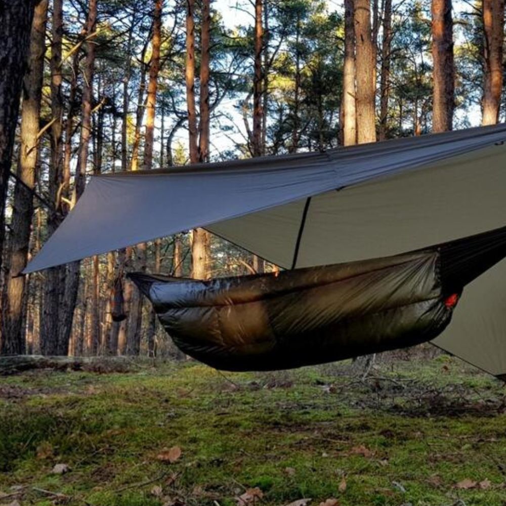 Bushmen 2×3m Ultralight Tarp (Dark Olive) with hammock