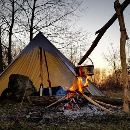 Bushmen 3×3m Ultralight Tarp (Dark Olive) shelter next to camp fire
