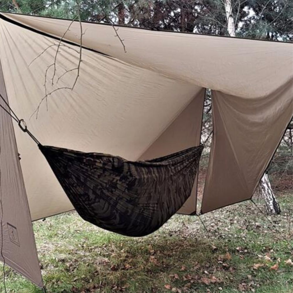 Bushmen 4×3m Ultralight Tarp (Dark Olive) made into shelter