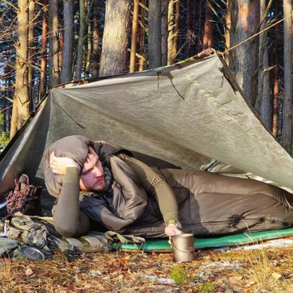 Bushmen Walker 1XL Sleeping Bag (Olive) under tarp