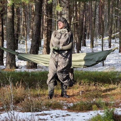 Bushmen Walker 1XL Sleeping Bag (Olive) stood up in forest