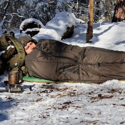 Bushmen Walker 3L Sleeping Bag (Olive) in the snow