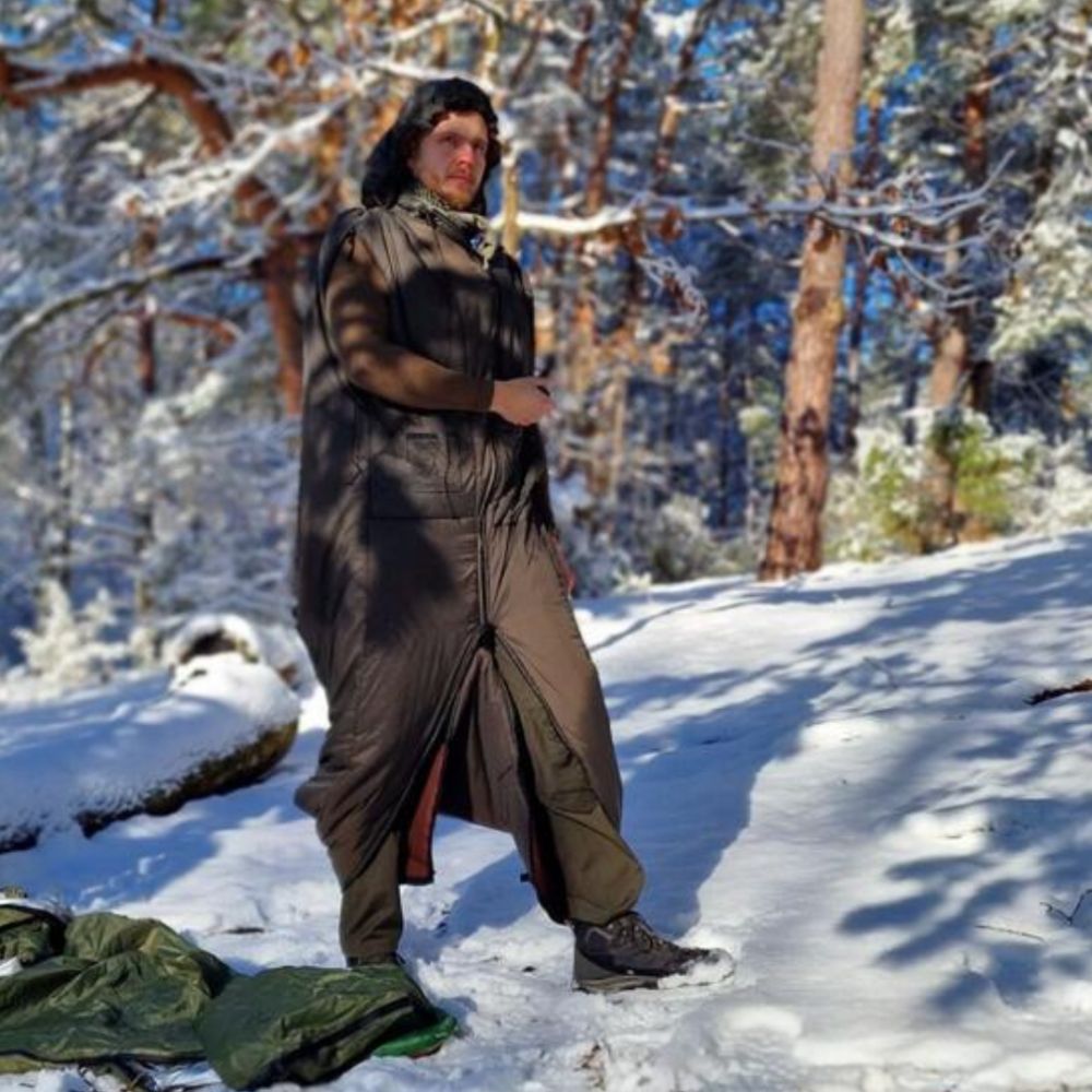 Bushmen Walker 3L Sleeping Bag (Olive) worn in the snow