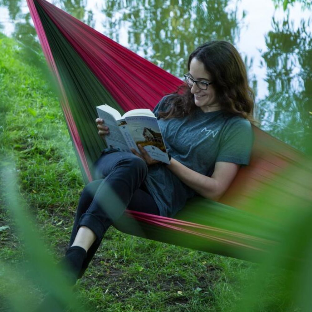 Bushmen ZEN Hammock (Red) with person reading