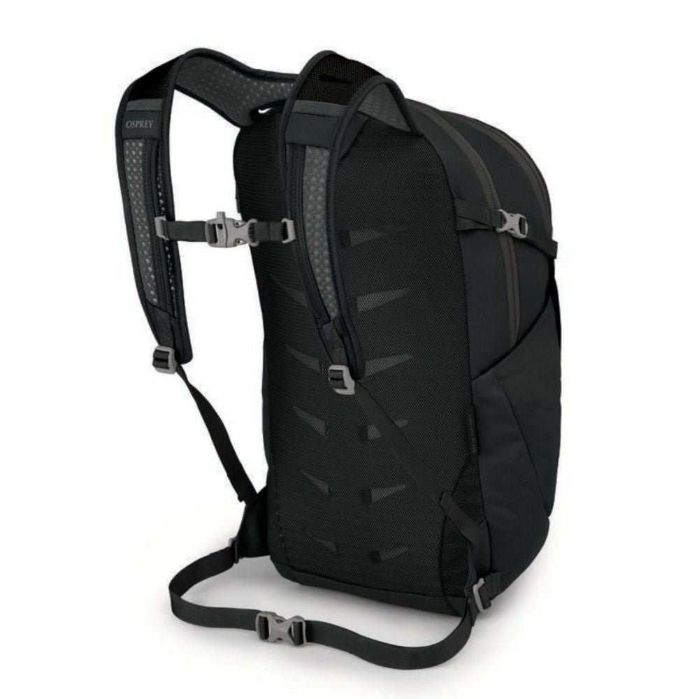 Black backpack with visible Osprey branding on a white background