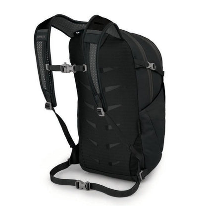 Black backpack with visible Osprey branding on a white background