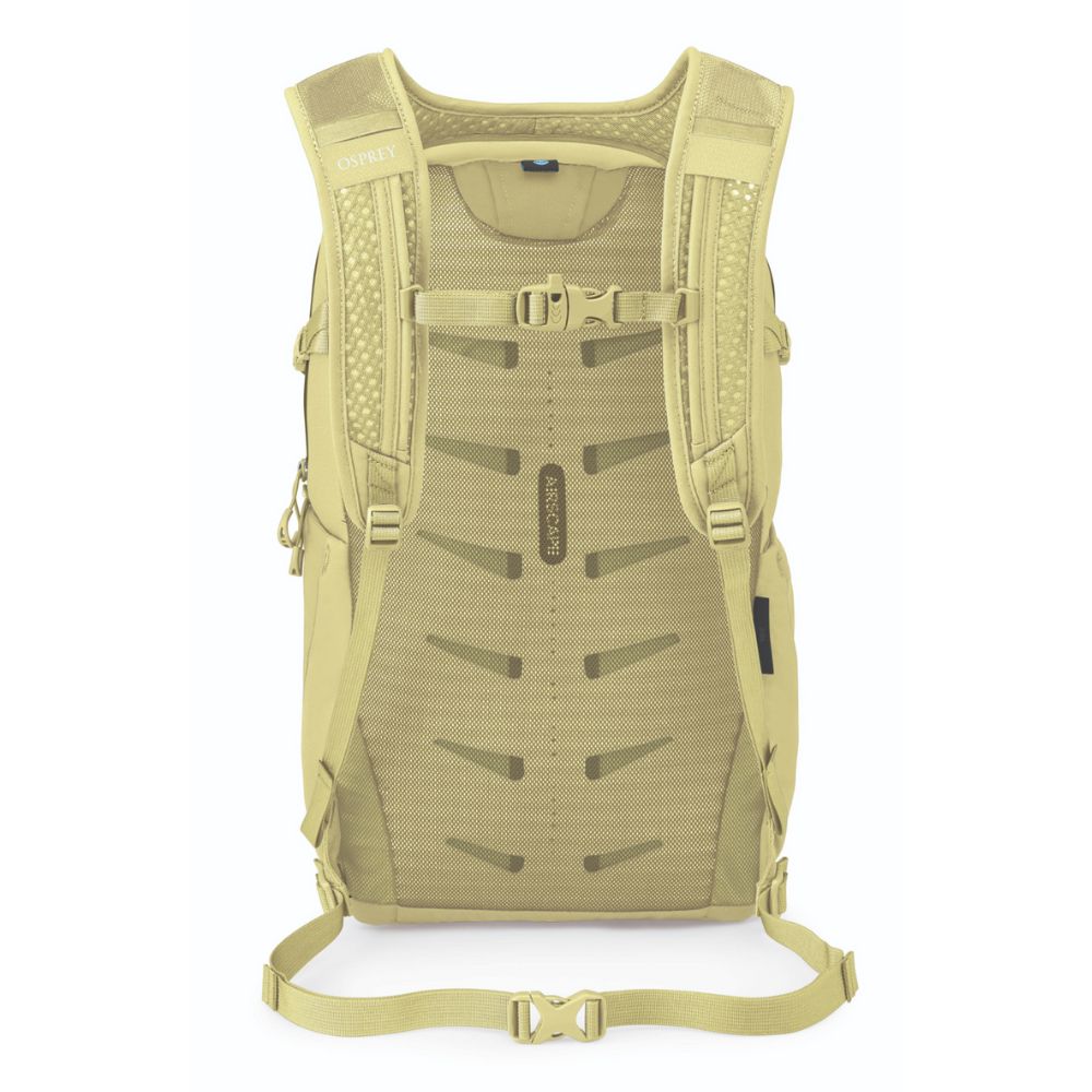 Beige backpack with multiple pockets and straps on a white background