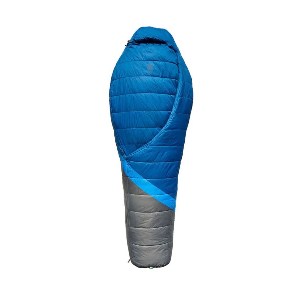 Blue and gray sleeping bag on a white background