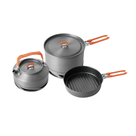 Set of camping cookware with orange handles on a white background