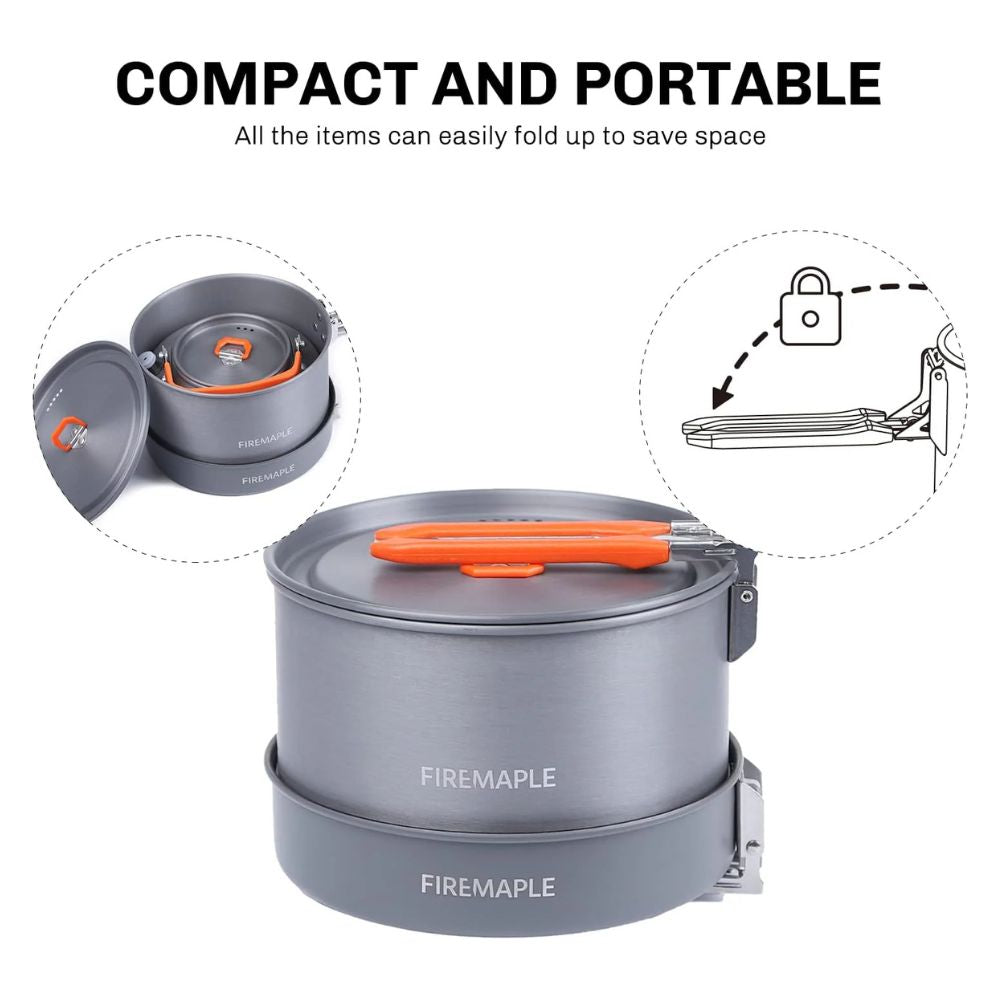 Compact camping cookware set with 'Firemaple' branding, featuring a gray pot with an orange handle on a white background.