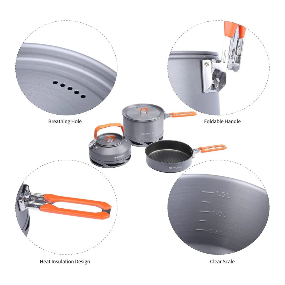 Collage of camping cookware with close-ups of features on a white background