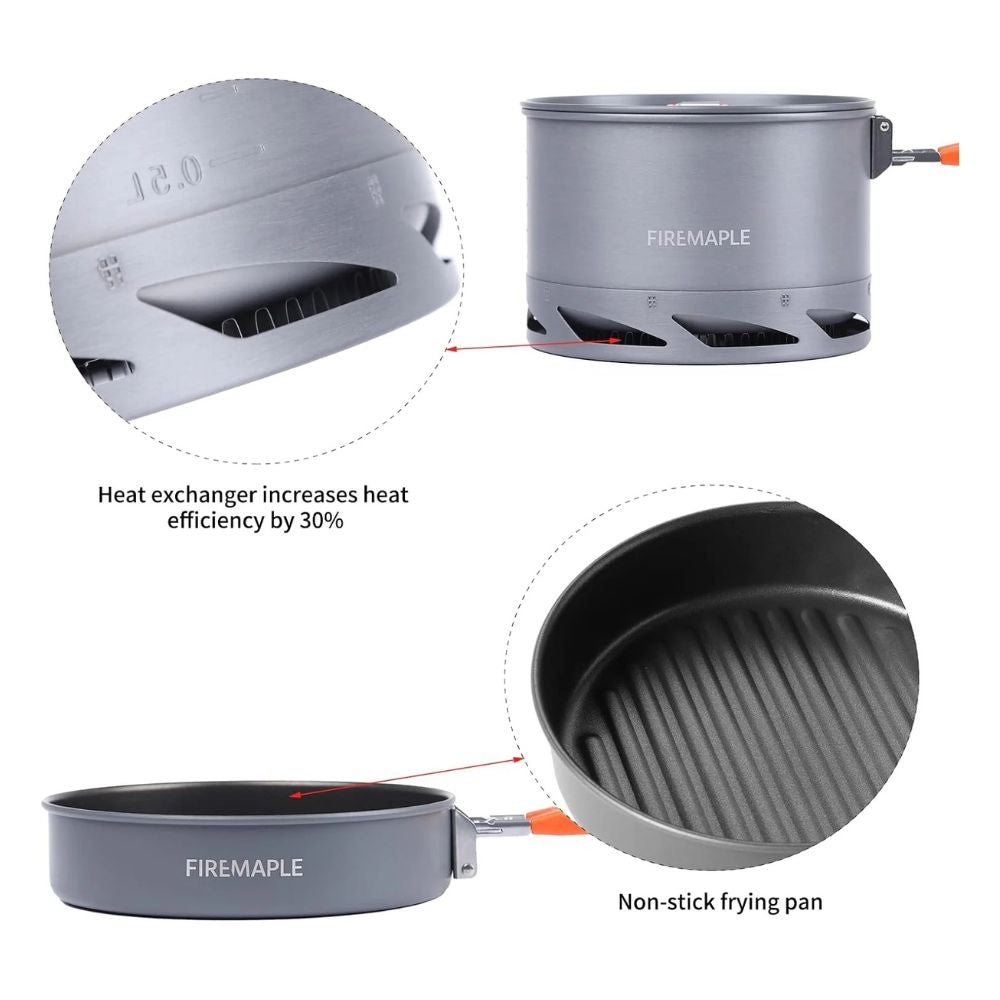 Firemaple camping cookware set with heat exchanger and non-stick frying pan on a white background