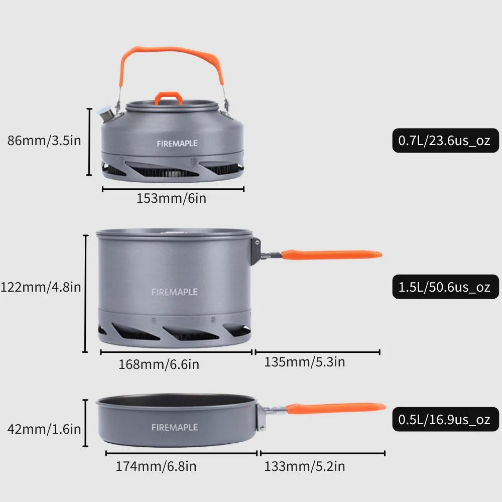 Firemaple camping cookware set with measurements on a white background