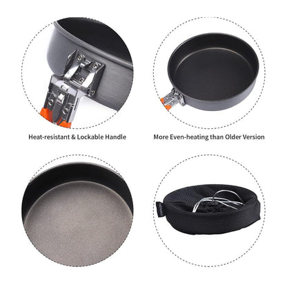 Cookware set with features highlighted on a white background