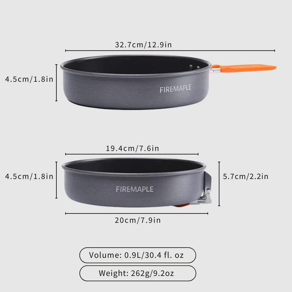 Measurement chart of a Firemaple camping pot and pan with dimensions and volume weight details.