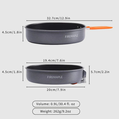 Measurement chart of a Firemaple camping pot and pan with dimensions and volume weight details.