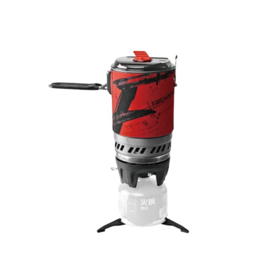Red camping stove with visible branding on a white background