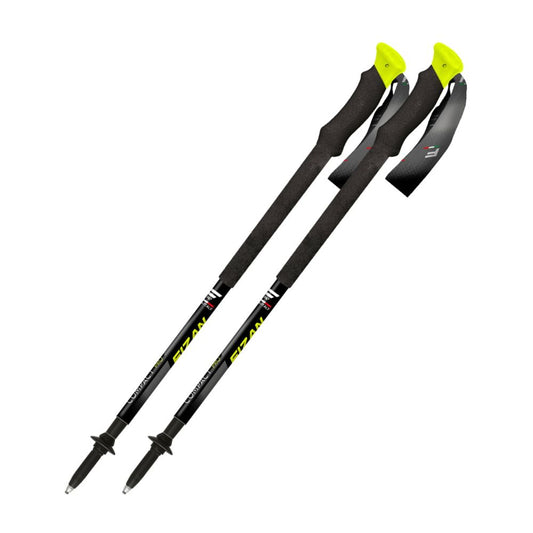 Two black hiking poles with yellow tips on a white background