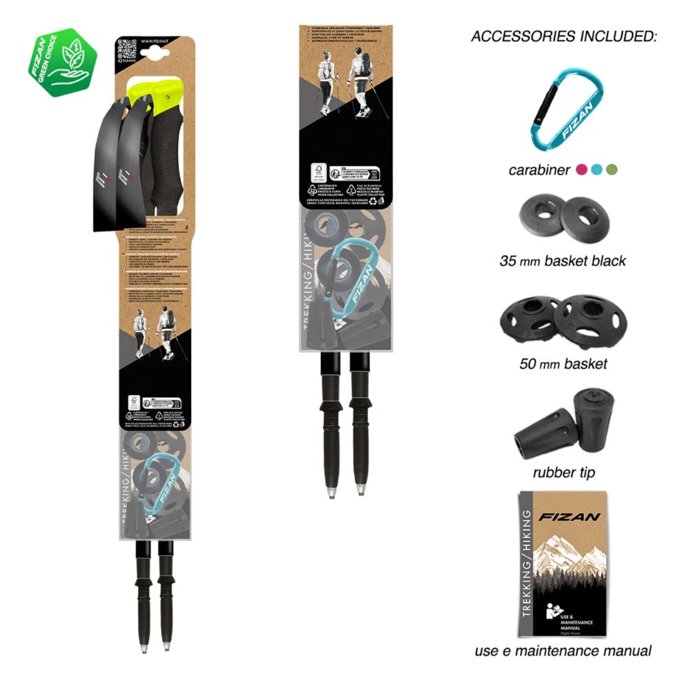 Fizan hiking poles packaging with accessories listed on a white background