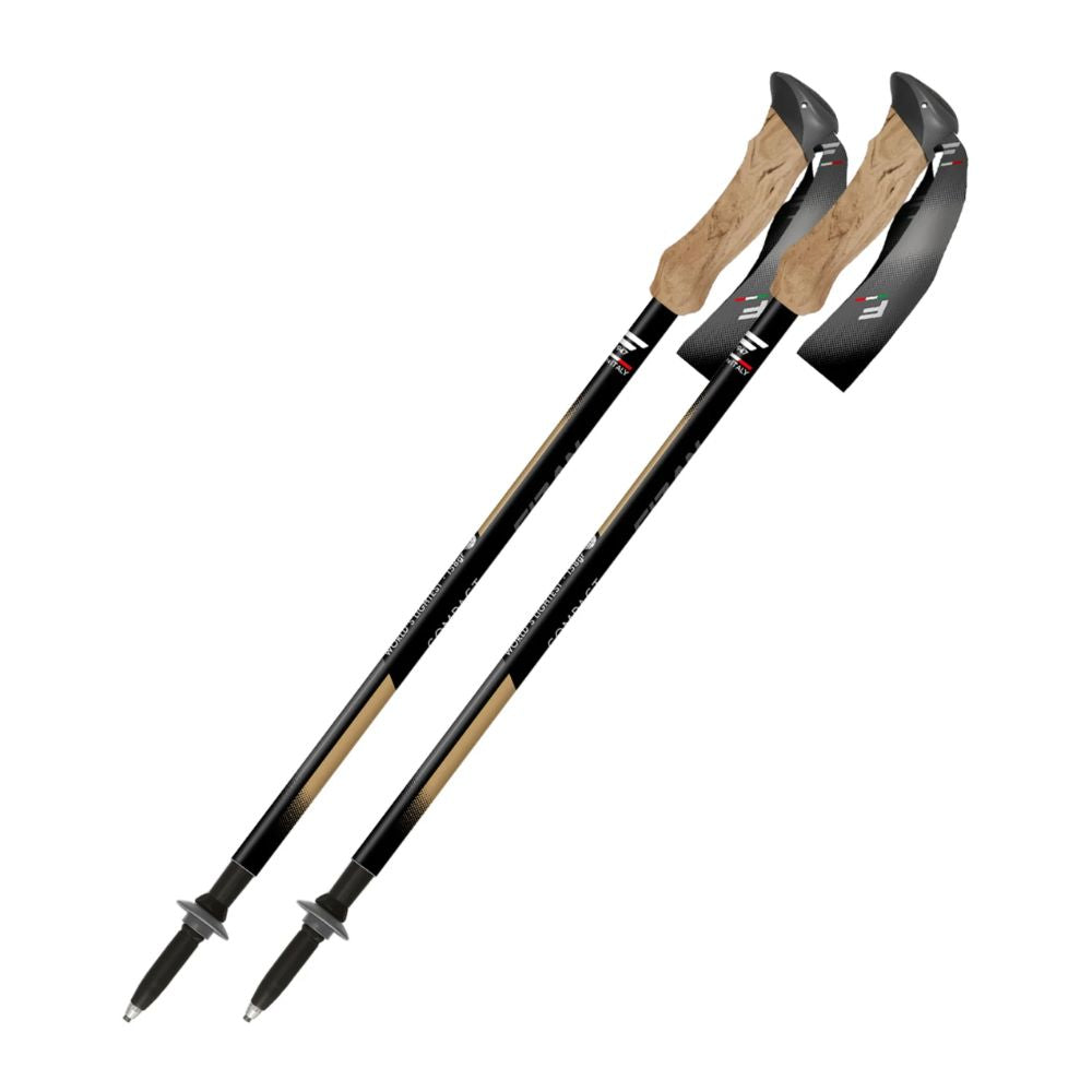 Two hiking poles with wooden grips on a white background
