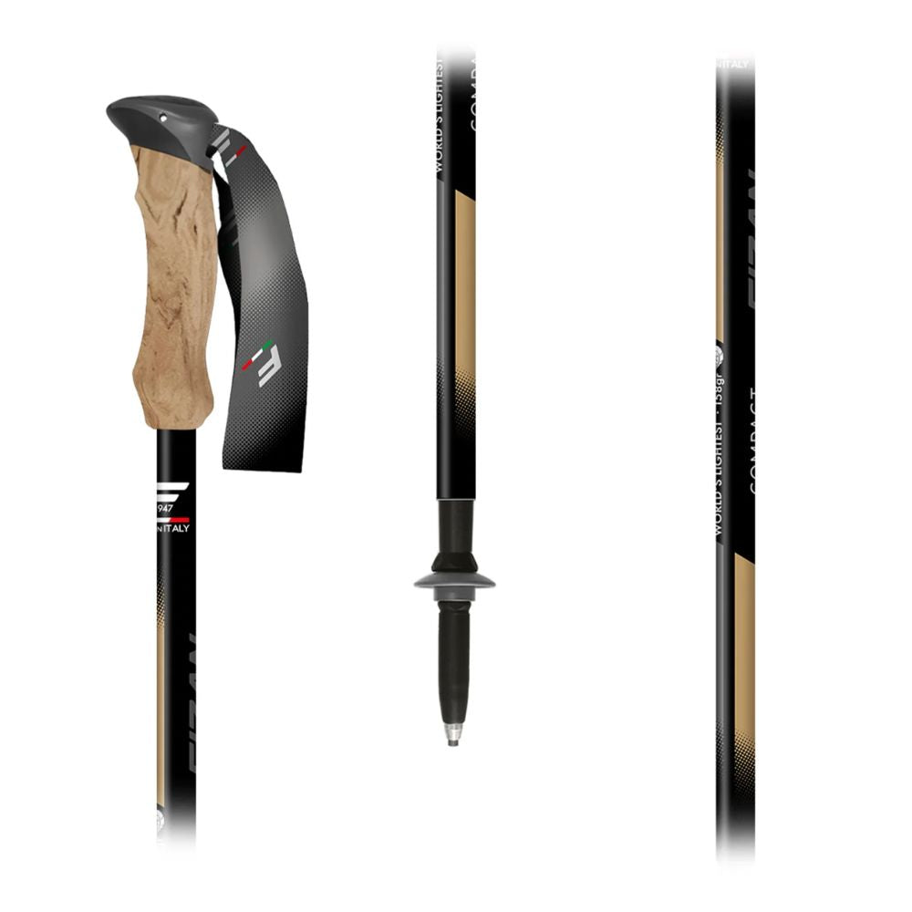 Hiking pole with wooden grip and black shaft on a white background