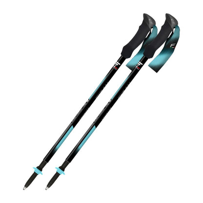 Two black and turquoise hiking poles on a white background
