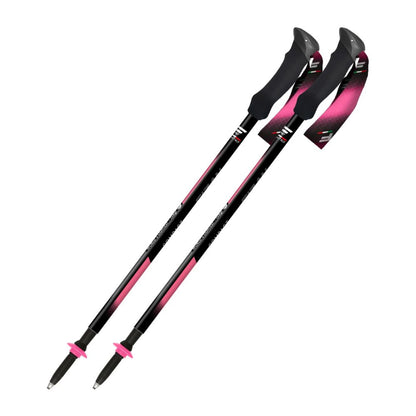 Two black and pink hiking poles on a white background